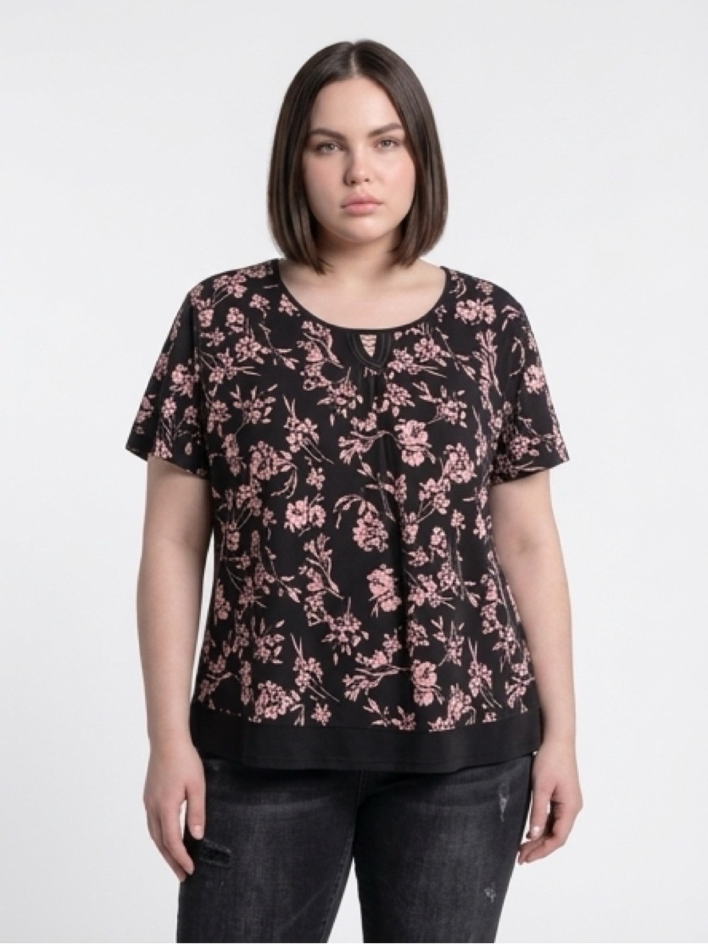 Anne Klein Black Short Sleeve Top with Pink Floral Print